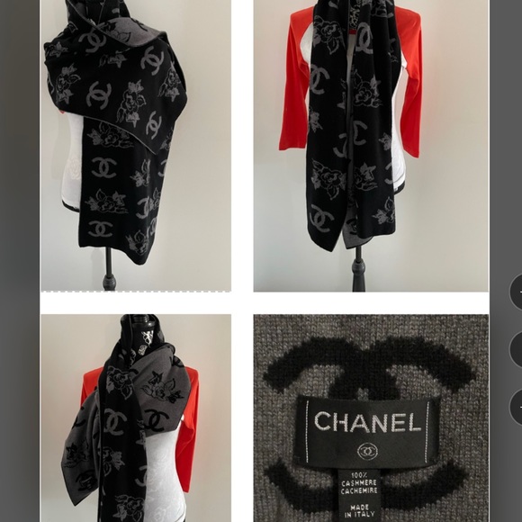CHANEL 100% CASHMERE SCARF WITH CC LOGO AND CLASSIC FLOWERS ❤️❣️ - Picture 3 of 10